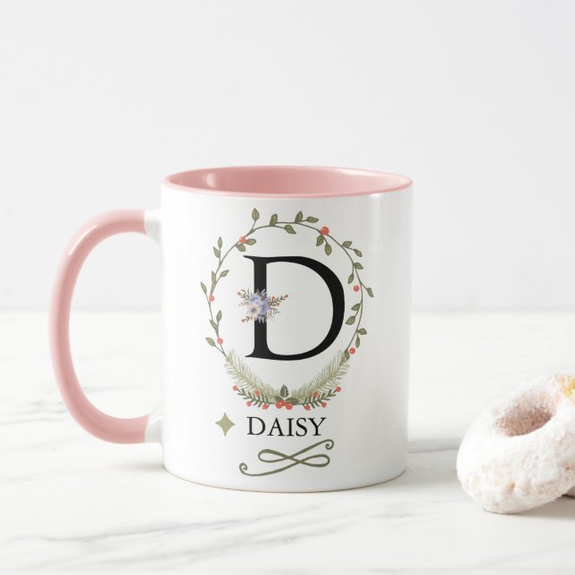 Cute Floral Letter D Monogram Mug (With Donut)
