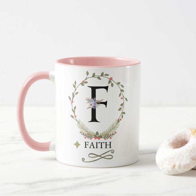 Cute Floral Letter F Monogram Mug (With Donut)