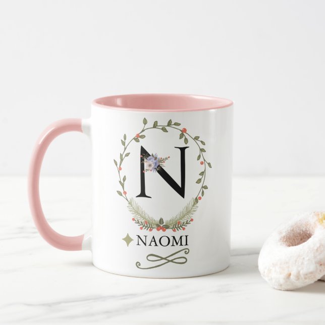 Cute Floral Letter N Monogram Mug (With Donut)