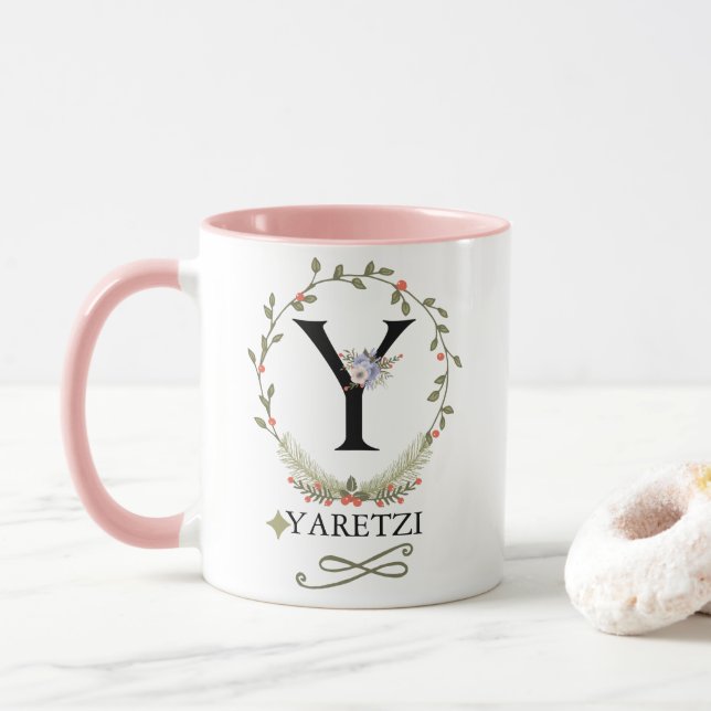 Cute Floral Letter Y Monogram Mug (With Donut)