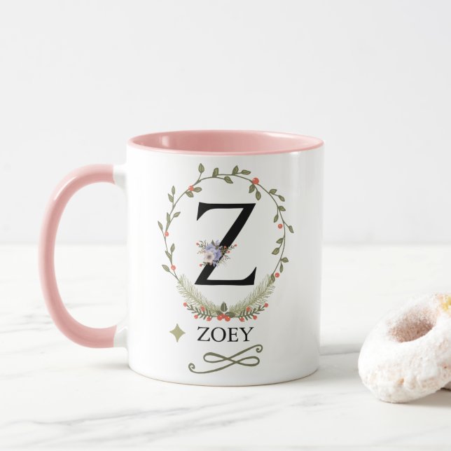 Cute Floral Letter Z Monogram Mug (With Donut)