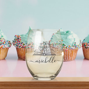 Cute Floral Library Grow your Mind Teacher Gift Stemless Wine Glass