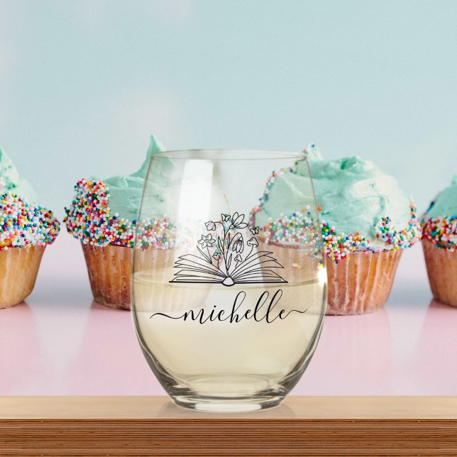 Cute Floral Library Grow your Mind Teacher Gift Stemless Wine Glass (Creator Uploaded)