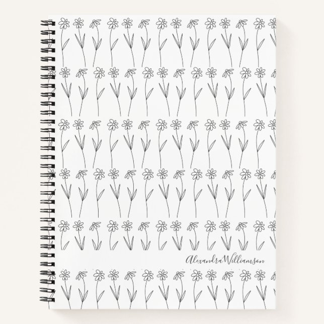 Cute Floral Line Art Black and White Personalised  Notebook (Front)