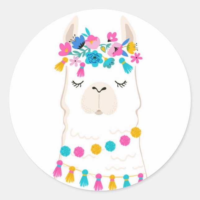 Cute Floral Llama Classic Round Sticker (Front)