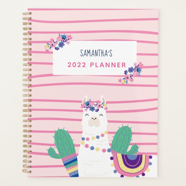 Cute Floral Llama Personalised Pink Planner (Front)
