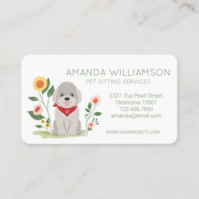Cute Floral Maltese Poodle Dog Pet Care Services Business Card (Front)