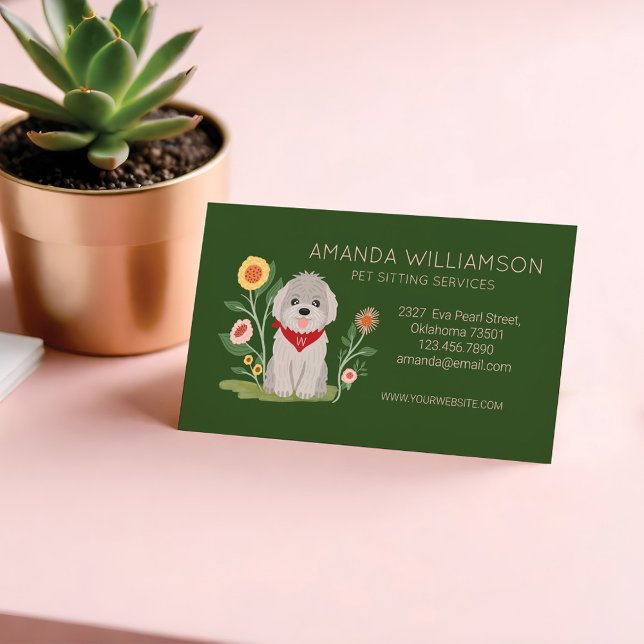 Cute Floral Maltese Poodle Dog Pet Care Services Magnetic Business Card (Cute Floral Maltese Poodle Dog Pet Care Services Business Card Magnet)