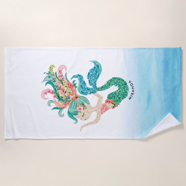 Cute floral mermaid watercolors illustration beach towel (Front)