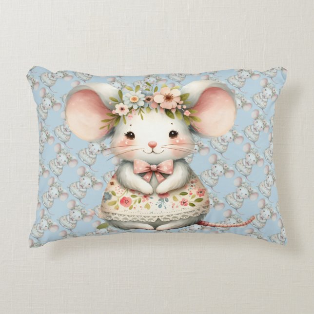 Cute Floral Mouse Dress Flower Crown Decorative Cushion (Front)