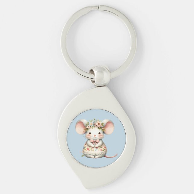 Cute Floral Mouse Dress Flower Crown Key Ring (Front)