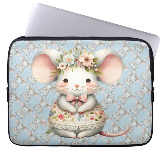 Cute Floral Mouse Dress Flower Crown Laptop Sleeve (Front)
