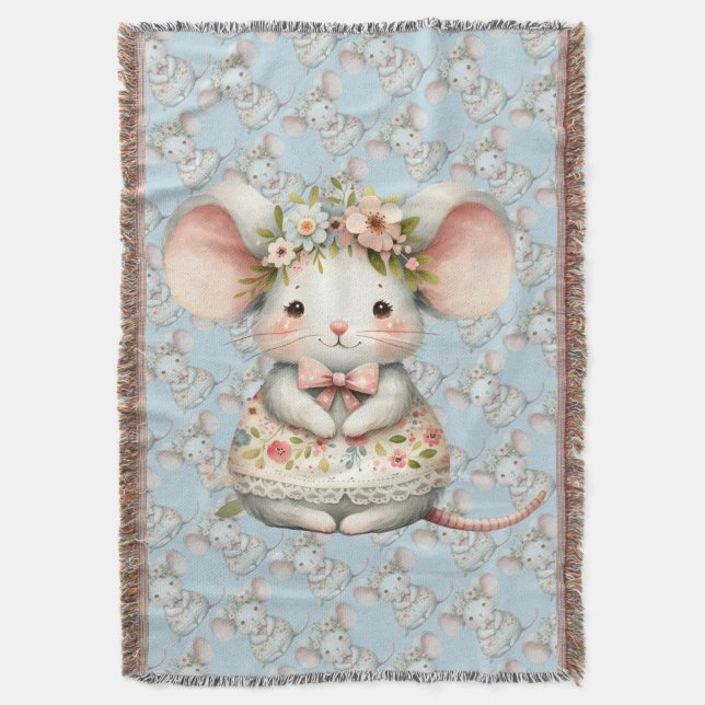 Cute Floral Mouse Dress Flower Crown Throw Blanket (Front Vertical)