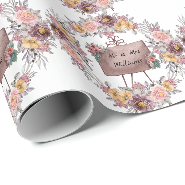 Cute Floral Mr And Mrs Wedding White Wrapping Paper (Roll Corner)