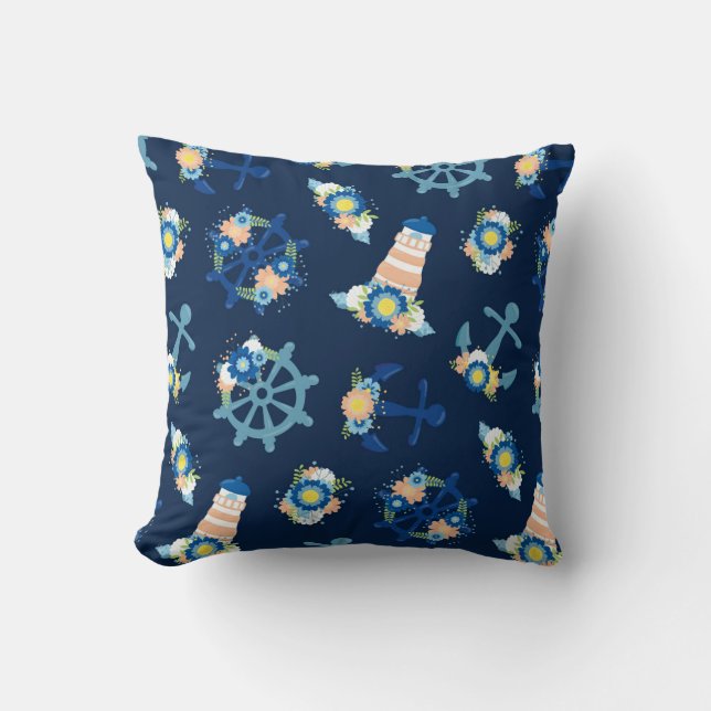 Cute Floral Nautical Blue Anchor Lighthouse Design Cushion (Front)