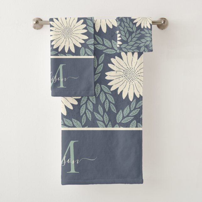 Cute Floral Navy Blue Green White Foliage Monogram Bath Towel Set (Insitu)