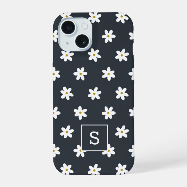 Cute Floral Navy Grass Lily Pattern Monogram iPhone 15 Case (Back)