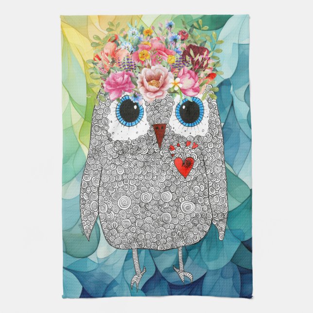 Cute Floral Owl Kitchen Towel (Vertical)