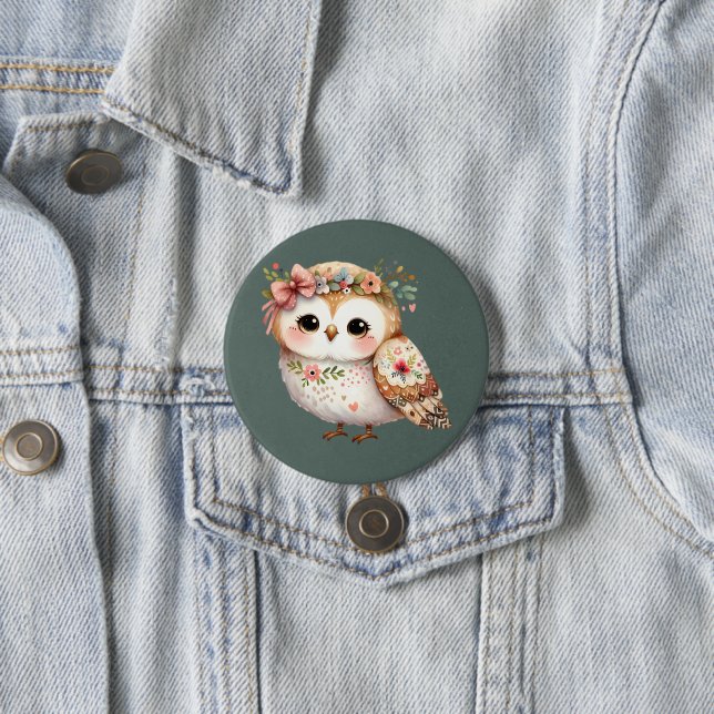 Cute Floral Owl with Bow 7.5 Cm Round Badge (In Situ)