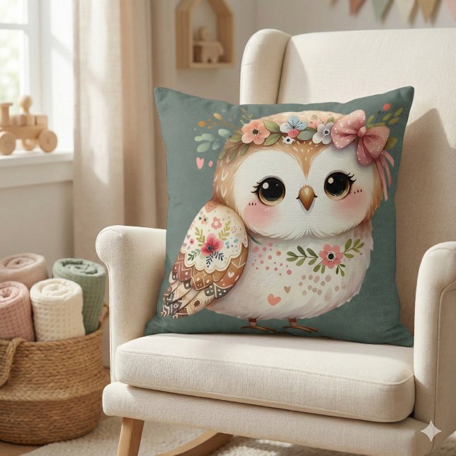 Cute Floral Owl with Bow Cushion (Cute Floral Owl with Bow Throw Pillow Mockup A)