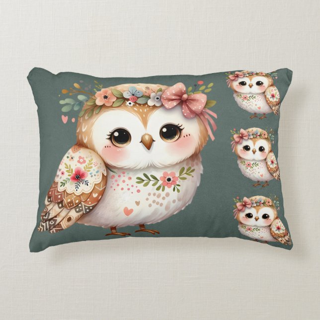 Cute Floral Owl with Bow Decorative Cushion (Front)