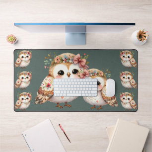 Cute Floral Owl with Bow Desk Mat
