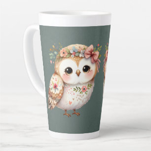 Cute Floral Owl with Bow Latte Mug