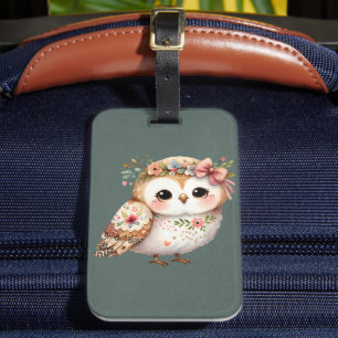 Cute Floral Owl with Bow Luggage Tag