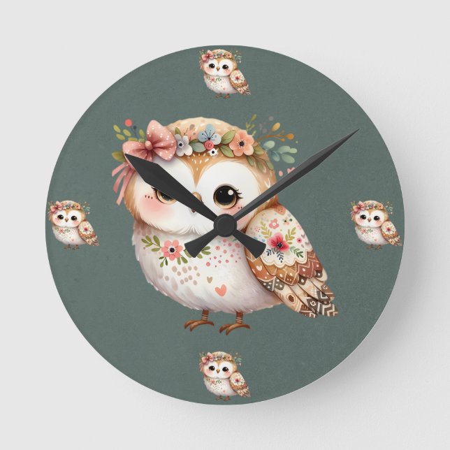 Cute Floral Owl with Bow Round Clock (Front)