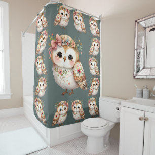 Cute Floral Owl with Bow  Shower Curtain