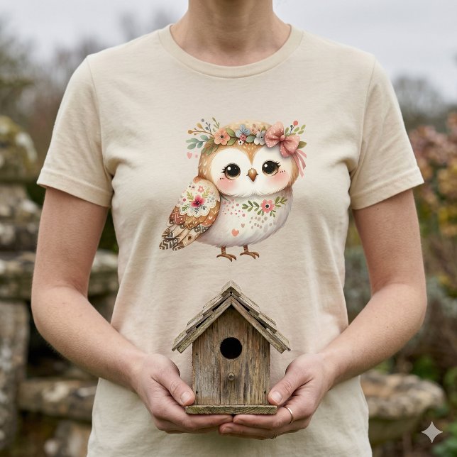 Cute Floral Owl with Bow T-Shirt (Cute Floral Owl with Bow T-Shirt With Birdhouse)