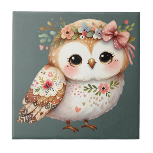 Cute Floral Owl with Bow Tile