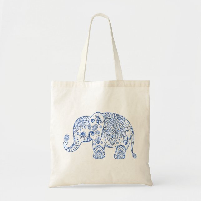 Cute Floral Paisley Elephant Blue Glitter Texture Tote Bag (Front)