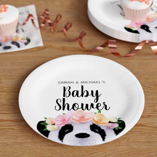 Cute Floral Panda Bear Baby Shower Paper Plates
