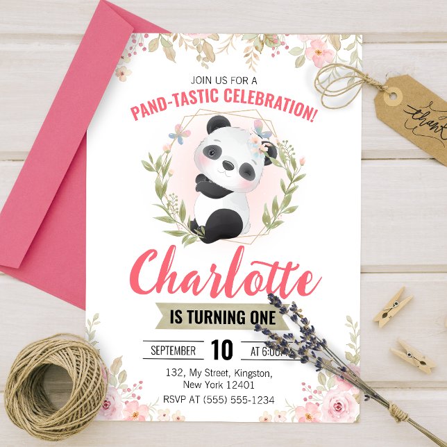 Cute Floral Panda Bear Birthday Party Invitation (Creator Uploaded)