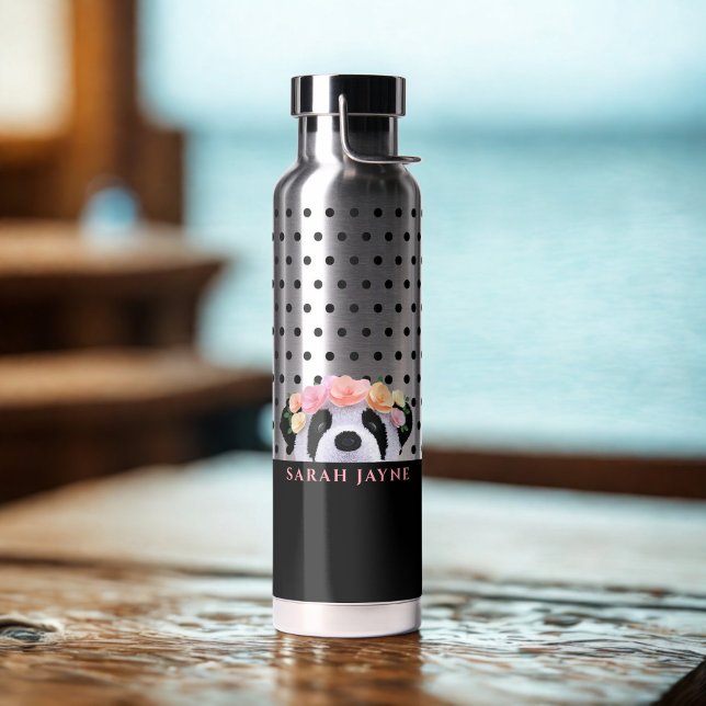 Cute Floral Panda Bear Girl Polka Dot Water Bottle (A cute panda bear with slowers in her hair. Just add your name)