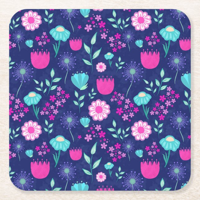 Cute floral pattern background square paper coaster (Front)