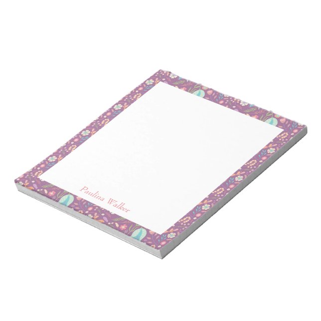 Cute Floral Pattern in Purple with Name Notepad (Rotated)