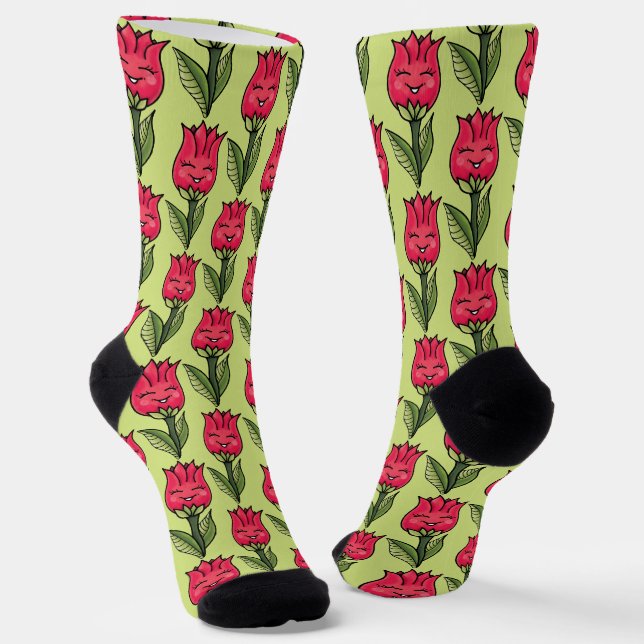 Cute Floral Pattern of Red Tulips Socks (Angled)