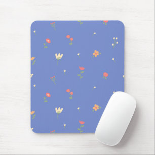 Cute Floral Pattern on Blue Background – Pastel Mouse Mat