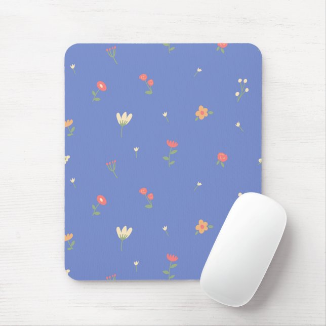 Cute Floral Pattern on Blue Background – Pastel Mouse Mat (With Mouse)