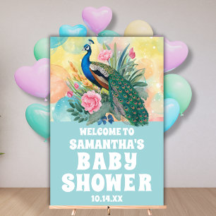 Cute Floral Peacock Blue Baby Shower Welcome Acrylic Sign