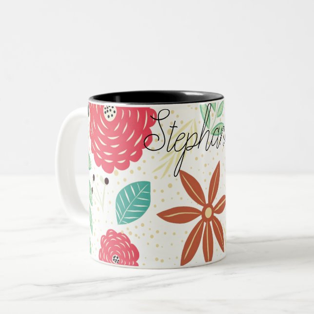Cute Floral Personalised Colourful Two-Tone Coffee Mug (Front Left)