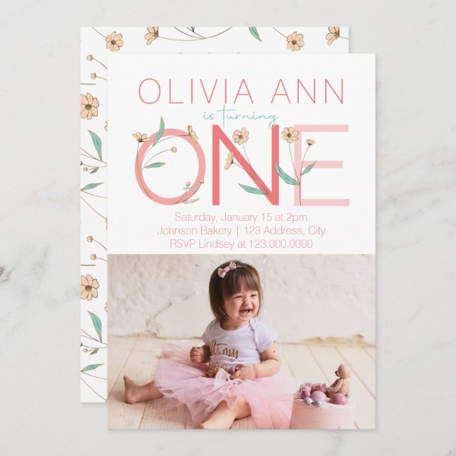 Cute Floral Photo First Birthday Invitation (Front/Back)