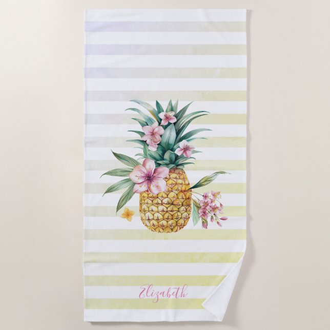 Cute Floral Pineapple Ombre Stripes  Beach Towel (Front)