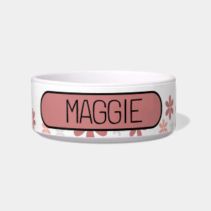 Cute Floral Pink and Grey Daisy Personalise Dog Bowl
