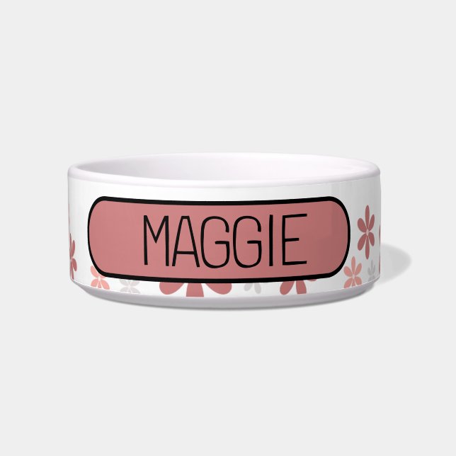 Cute Floral Pink and Grey Daisy Personalise Dog Bowl (Front)
