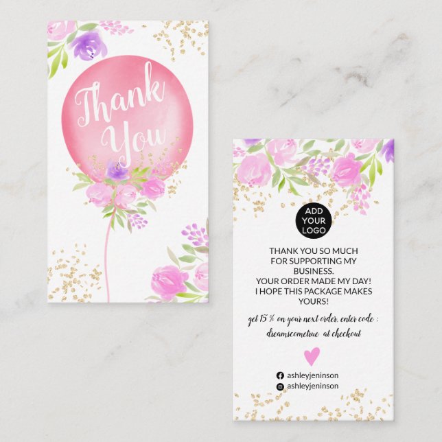 Cute floral pink balloon illustration thank you business card (Front/Back)