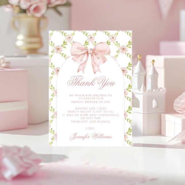 Cute Floral Pink Bow Shabby Chic Baby Girl Shower Thank You Card (Creator Uploaded)