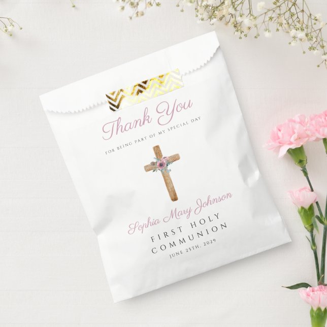 Cute Floral Pink Cross Girl First Communion  Favour Bags (Sealed)